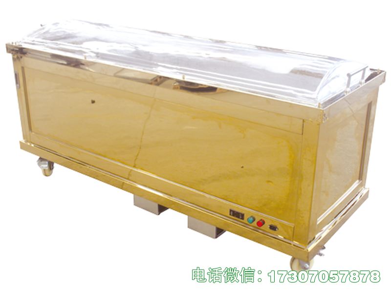 侧开钛金水晶棺采用钛金装饰与侧开设计，外观华贵庄重，水晶盖板通透，制冷稳定，存取便捷，适配高端殡葬场景，兼具颜值与实用性。