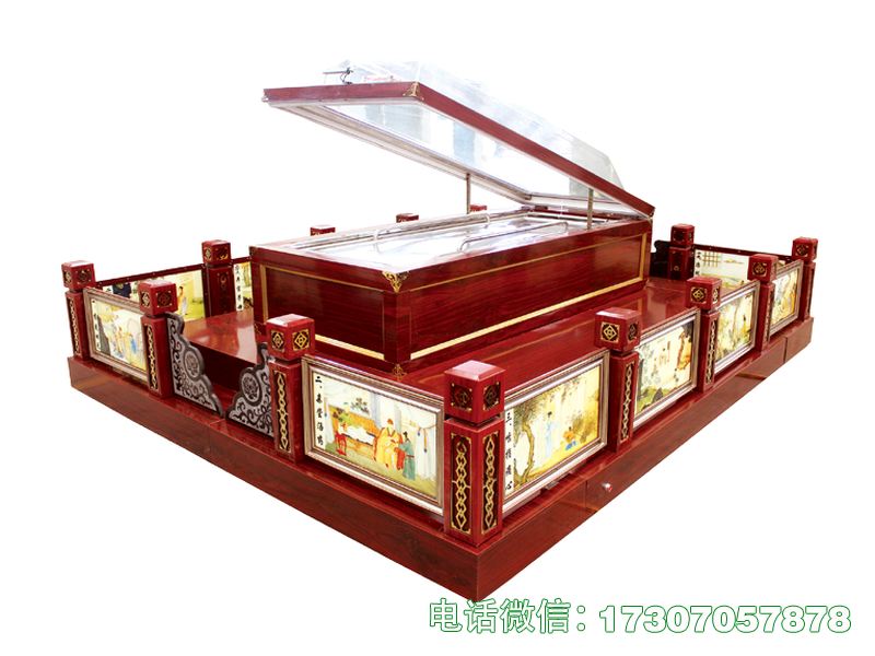 仿木纹瞻仰台是殡葬通用型仿木纹遗体瞻仰设备，采用仿木纹工艺打造，外观自然大气、贴近实木质感，结构坚固耐用，台面稳固防滑，便于亲友瞻仰，清洁便捷，性价比高，符合殡葬行业规范与卫生标准。